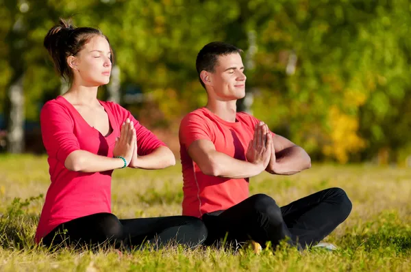 Park yoga yaparken kadın ve kadın — Stok fotoğraf