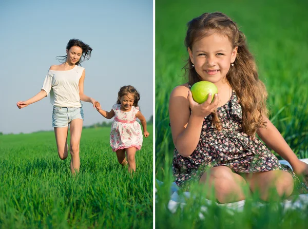 Collage van gelukkig meisjes op groen gras — Stockfoto