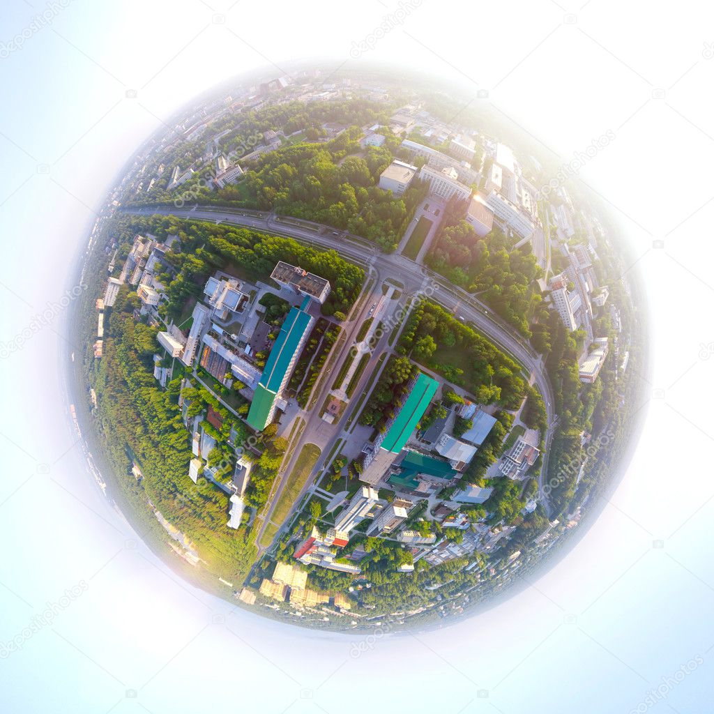 Aerial city view from air - little planet mode