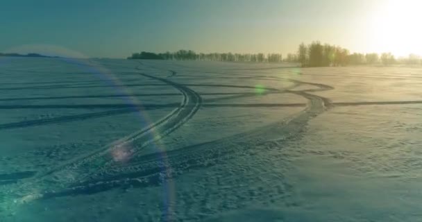 Veduta aerea drone del freddo paesaggio invernale con campo artico, alberi coperti di neve gelo e raggi del sole del mattino all'orizzonte. — Video Stock