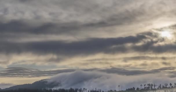Timelapse wieczornych promieni słonecznych wyłaniających się przez mgliste chmury w górach. Zachód słońca we mgle górskiej. — Wideo stockowe