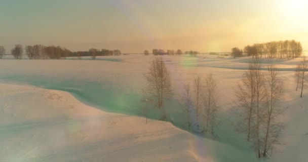 Vista aérea del frío paisaje del campo ártico, árboles con nieve helada, ríos de hielo y rayos de sol sobre el horizonte. Clima de baja temperatura extrema. — Vídeo de stock