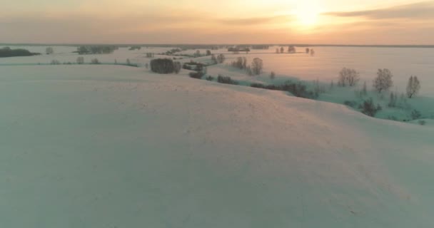 Luchtfoto van het koude arctische veld landschap, bomen met vorst sneeuw, ijsrivier en zonnestralen over de horizon. Extreem lage temperatuur weer. — Stockvideo