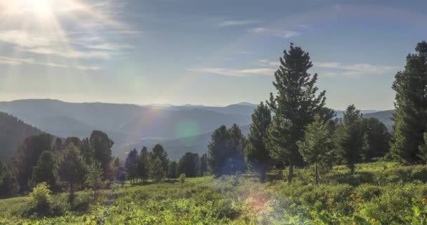 Timelapse del prado de montaña. Naturaleza salvaje y campo rural. Nubes, árboles, hierba verde y rayos de sol movimiento. Movimiento de cámara. — Vídeos de Stock