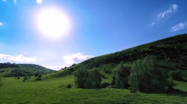 Yazın 4K UHD dağ çayırı zaman dilimi. Bulutlar, ağaçlar, yeşil çimenler ve güneş ışınları hareketi.