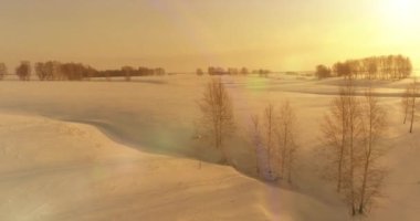 Soğuk arktik alan manzarası, karlı ağaçlar, buz nehri ve ufukta güneş ışınları. Aşırı düşük sıcaklık havası.