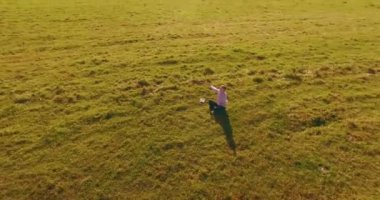 Yeşil çimlerin üzerinde sarı kırsal alanda not defteri olan bir adamın etrafında alçak yörünge uçuşları..