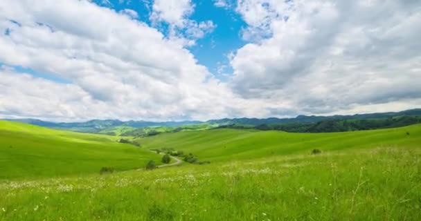 Górskie łąki czas-lapse w okresie letnim lub jesiennym. Dzika przyroda i wiejskie pole. Szybki ruch chmur, zielona trawa i promienie słoneczne. — Wideo stockowe