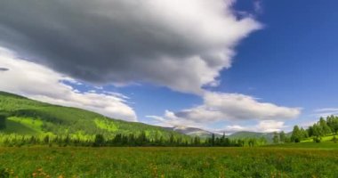 Yaz ya da sonbahar mevsiminde dağdaki çayır zaman atlaması. Vahşi doğa ve kırsal alan. Bulutlar hareket ediyor, yeşil çimenler ve güneş ışınları