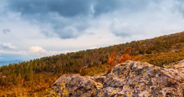Mountain lake time-lapse på sommaren eller hösten tid. Vild natur och landsbygd. Molnrörelser, grönt gräs och dramatisk himmel. Motordriven dockslider — Stockvideo