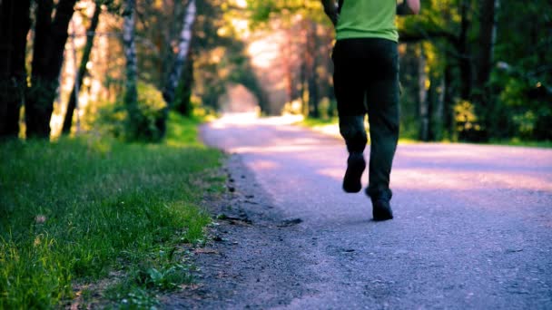 Un uomo sportivo che corre sulla strada asfaltata. Parco urbano rurale. Bosco alberato verde e raggi di sole all'orizzonte. — Video Stock