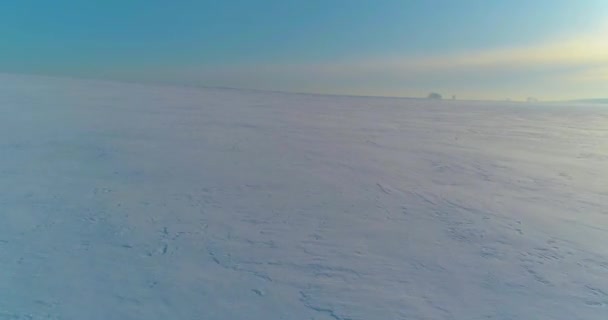 Luftaufnahme der kalten Winterlandschaft arktisches Feld, Bäume mit Frost Schnee, Eis Fluss und Sonnenstrahlen über Horizont bedeckt. Extrem niedrige Temperaturen. — Stockvideo