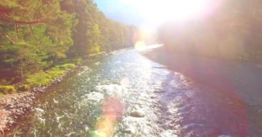 Güneşli yaz sabahında kayalarla birlikte taze, hızlı dağ nehri üzerinde alçak irtifa uçuşu..