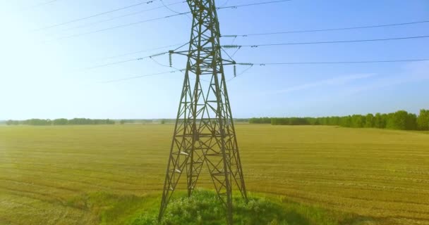 Vertical movement flight near high voltage electricity tower and power lines at green and yellow field — Stock Video