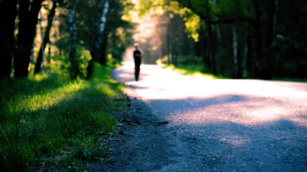 アスファルトの道路を走っているスポーツマン。農村都市公園。水平線の緑の森と太陽の光. — ストック動画