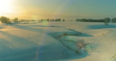 Soğuk arktik alan manzarası, karlı ağaçlar, buz nehri ve ufukta güneş ışınları. Aşırı düşük sıcaklık havası.