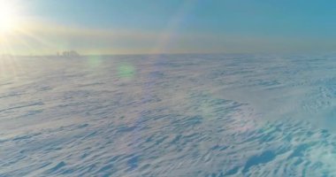 Soğuk kış manzarası kutup bölgesi, karla kaplı ağaçlar, ufukta buz nehri ve güneş ışınları. Aşırı düşük sıcaklık havası.