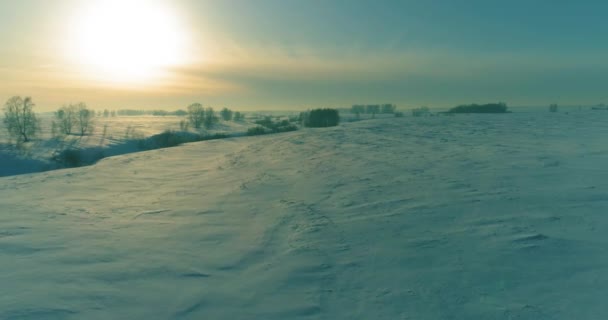 Luchtfoto van het koude winterlandschap van het poolgebied, bomen bedekt met vorst sneeuw, ijsrivier en zonnestralen over de horizon. Extreem lage temperatuur weer. — Stockvideo