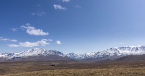 Timelapse van de zon beweging op kristalheldere hemel met wolken over sneeuw bergtop. Gele gras op grote herfstweide. Wilde eindeloze natuur. — Stockvideo