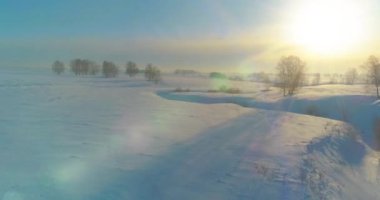 Soğuk kış manzarası kutup bölgesi, karla kaplı ağaçlar, ufukta buz nehri ve güneş ışınları. Aşırı düşük sıcaklık havası.