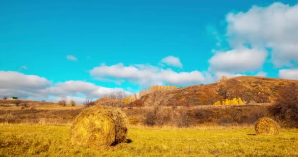 Горный луг со временем восхода осеннего солнца. Дикая природа и сельские стоги сена на травяном поле. Утренний туман, солнечные лучи и деревья. Моторизованный слайдер — стоковое видео