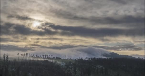 Timelapse di raggi solari serali che emergono attraverso le fredde nuvole nebbiose delle montagne. Tramonto nella nebbia di montagna. — Video Stock