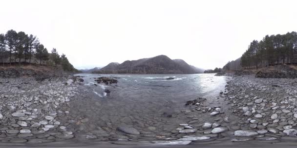 VR di un bellissimo fiume di montagna nel tardo autunno. Parco nazionale, prato, riva del fiume nel giorno coperto. — Video Stock