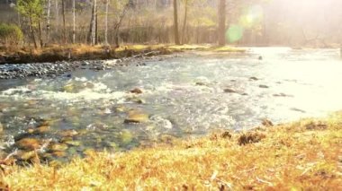 Ormanın yakınındaki küçük bir dağ nehrinde akan suyun motorlu bebek kaydırağıyla çekilmiş görüntüsü. Kocaman ıslak kayalar ve güneş ışınları. Kırsal bölgede yatay sabit hareket.
