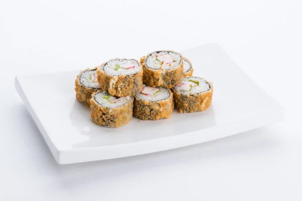 Set Sushi Composición Fondo Blanco Restaurante Comida Japonesa Plato Rollo — Foto de Stock