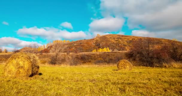 Mountain Meadow Timelapse Autumn Sunrise Time Wild Nature Rural Haystacks — Stock Video