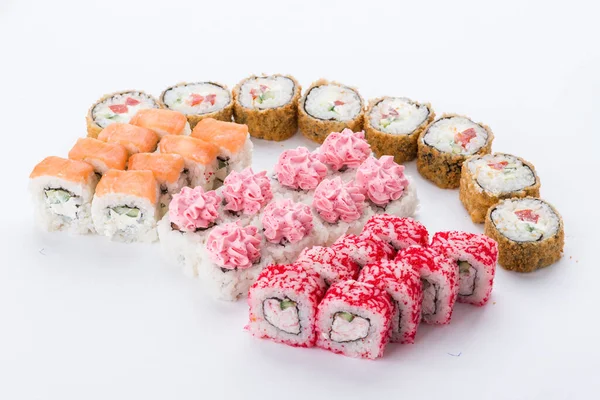 Set Sushi Composición Fondo Blanco Restaurante Comida Japonesa Plato Rollo —  Fotos de Stock