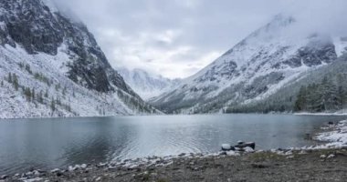 4K UHD karlı göl zamanı sonbahar zamanı. Vahşi doğa ve kırsal dağ vadisi. Çam ağaçlarından oluşan yeşil orman ve gökyüzünde ağır bulutlar. Motorlu doli kaydırma hareketi