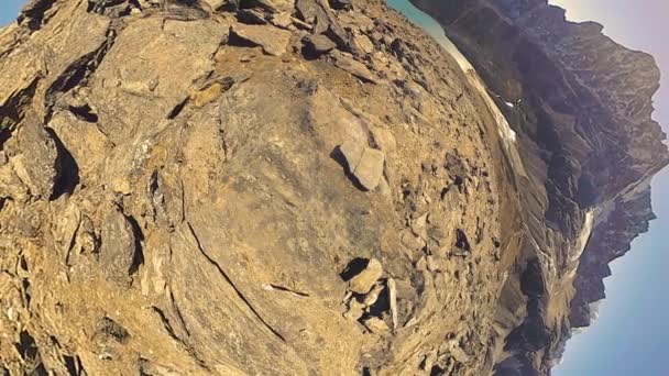 360 Gokyo Bergspitze Tibetische Buddhistische Gebetsfahne Wilde Himalaya Hochgebirgsnatur Und — Stockvideo