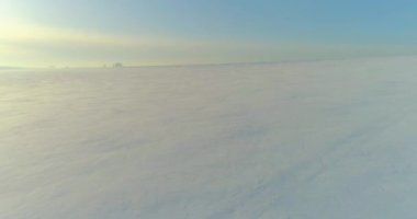 Soğuk kış kutup bölgesinin insansız hava görüntüsü, ufukta karla kaplı ağaçlar, buz nehri ve güneş ışınları. Aşırı düşük sıcaklık havası.