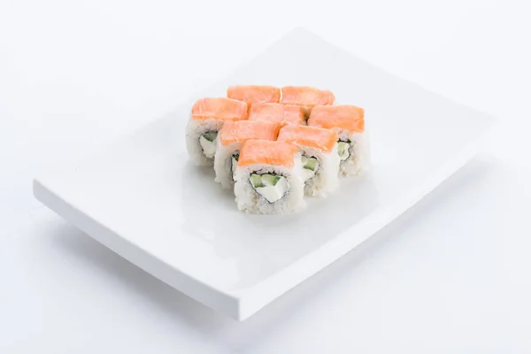 Sushi Ensemble Composition Fond Blanc Restaurant Japonais Assiette Plateau Sushi — Photo