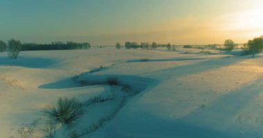 Soğuk kış kutup bölgesinin insansız hava görüntüsü, ufukta karla kaplı ağaçlar, buz nehri ve güneş ışınları. Aşırı düşük sıcaklık havası. Sibirya