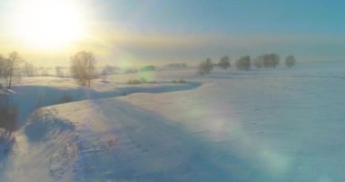 Soğuk kış kutup bölgesinin insansız hava görüntüsü, ufukta karla kaplı ağaçlar, buz nehri ve güneş ışınları. Aşırı düşük sıcaklık havası.