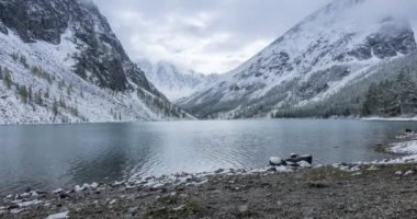 4K UHD karlı göl zamanı sonbahar zamanı. Vahşi doğa ve kırsal dağ vadisi. Çam ağaçlarından oluşan yeşil orman ve gökyüzünde ağır bulutlar. Motorlu doli kaydırma hareketi