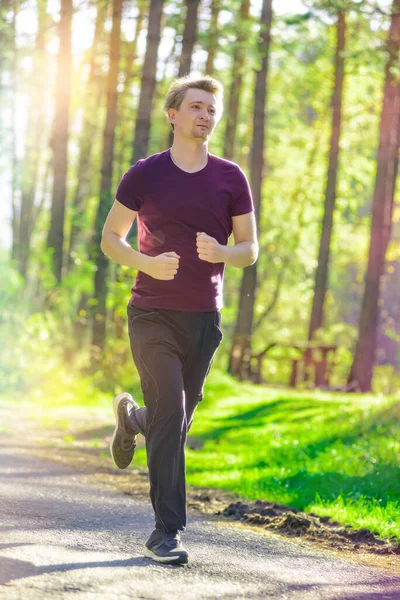 美しい夏の日に都市公園で男ジョギングを実行しています スポーツフィットネスモデル 白人民族トレーニング屋外 — ストック写真