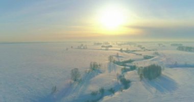 Soğuk kış kutup bölgesinin insansız hava görüntüsü, ufukta karla kaplı ağaçlar, buz nehri ve güneş ışınları. Aşırı düşük sıcaklık havası.