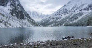 4K UHD karlı göl zamanı sonbahar zamanı. Vahşi doğa ve kırsal dağ vadisi. Çam ağaçlarından oluşan yeşil orman ve gökyüzünde ağır bulutlar. Motorlu doli kaydırma hareketi