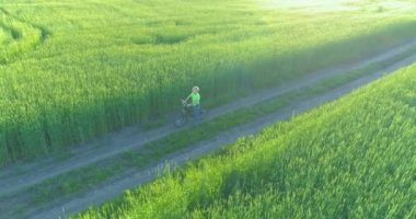 Kırsal yoldaki bir çim tarlasında bisiklet süren genç bir çocuğun hava manzarası. Sıcak güneş ışığı ve ışınlar ile yaz zamanı çayırı. Sağlıklı çocukluk kavramı.