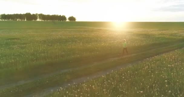 Luftaufnahmen Eines Sportlichen Kindes Laufen Durch Ein Weizenfeld Abendliche Sportübungen — Stockvideo