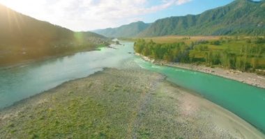 4K hava bakış açısı. Güneşli yaz sabahında, taze, hızlı dağ nehri üzerinde kayalıklarla alçak irtifa uçuşu. Yeşil çam ağaçları ve güneş ışınları. Saf soğuk su akıntısı.
