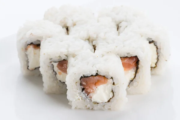 Conjunto Sushi Composição Fundo Branco Restaurante Comida Japonesa Prato Sushi — Fotografia de Stock