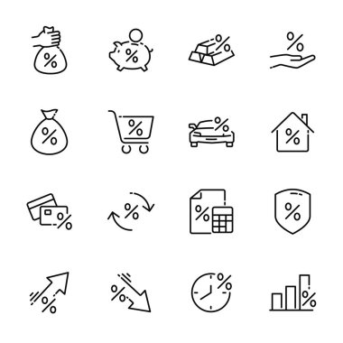Basit Yatırım ve Krediyle İlgili Satır Simgeleri. Faiz Oranı simgeleri, Yatırım Planı simgeleri, Yüzde Diyagramı simgeleri ve daha fazlasını içerir. Düzenlenebilir Vuruş. vektör illüstrasyonu