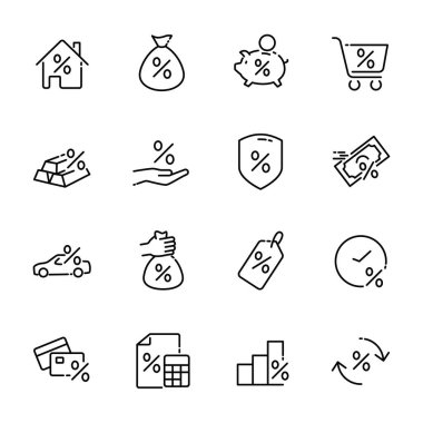 Basit Yatırım ve Krediyle İlgili Satır Simgeleri. Faiz Oranı simgeleri, Yatırım Planı simgeleri, Yüzde Diyagramı simgeleri ve daha fazlasını içerir. Düzenlenebilir Vuruş. vektör illüstrasyonu