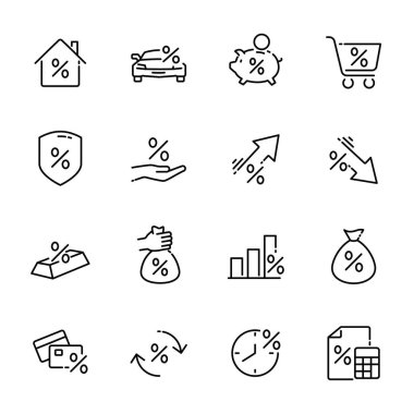 Basit Yatırım ve Krediyle İlgili Satır Simgeleri. Faiz Oranı simgeleri, Yatırım Planı simgeleri, Yüzde Diyagramı simgeleri ve daha fazlasını içerir. Düzenlenebilir Vuruş. vektör illüstrasyonu