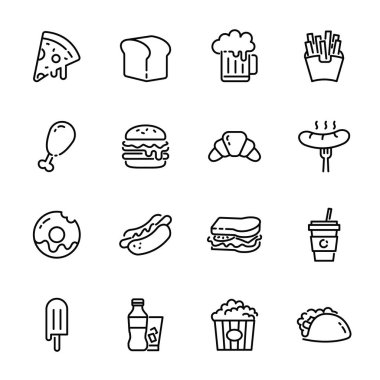 Fast food bağlantılı vektör ince çizgi simgeleri. Pizza, hamburger, ekmek, kruvasan; bira; yumuşak servis dondurması, patates kızartması ve beyaz arka planda izole edilmiş diğer vektör illüstrasyonları var.