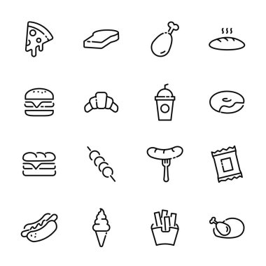 Fast food bağlantılı vektör ince çizgi simgeleri. Pizza, hamburger, ekmek, kruvasan; bira; yumuşak servis dondurması, patates kızartması ve beyaz arka planda izole edilmiş diğer vektör illüstrasyonları var.